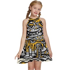 Crazy-abstract-doodle-social-doodle-drawing-style Kids  Halter Collar Waist Tie Chiffon Dress