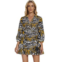 Crazy-abstract-doodle-social-doodle-drawing-style V-Neck Placket Mini Dress