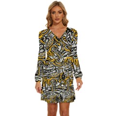 Crazy-abstract-doodle-social-doodle-drawing-style Long Sleeve Waist Tie Ruffle Velvet Dress by Salman4z