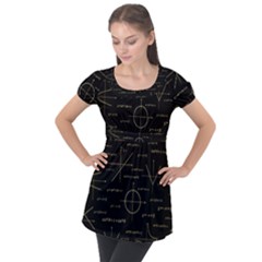 Abstract-math Pattern Puff Sleeve Tunic Top