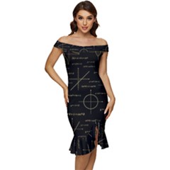 Abstract-math Pattern Off Shoulder Ruffle Split Hem Bodycon Dress