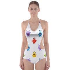 Seamless-pattern-cute-funny-monster-cartoon-isolated-white-background Cut-out One Piece Swimsuit