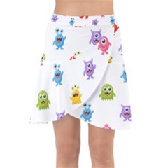 Seamless-pattern-cute-funny-monster-cartoon-isolated-white-background Wrap Front Skirt by Salman4z