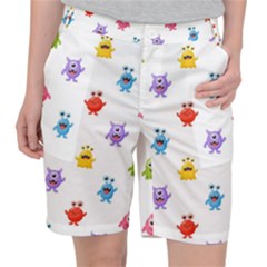 Seamless-pattern-cute-funny-monster-cartoon-isolated-white-background Women s Pocket Shorts by Salman4z