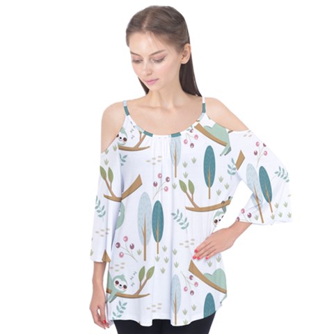 Pattern-sloth-woodland Flutter Sleeve Tee  by Salman4z