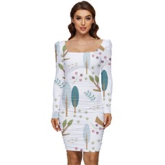 Pattern-sloth-woodland Women Long Sleeve Ruched Stretch Jersey Dress