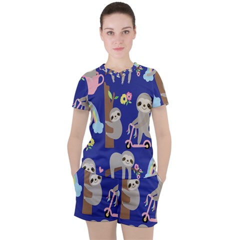 Hand-drawn-cute-sloth-pattern-background Women s Tee And Shorts Set by Salman4z