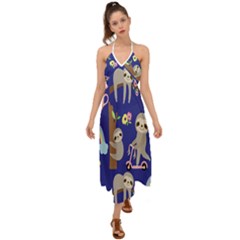 Hand-drawn-cute-sloth-pattern-background Halter Tie Back Dress  by Salman4z