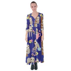 Hand-drawn-cute-sloth-pattern-background Button Up Maxi Dress by Salman4z