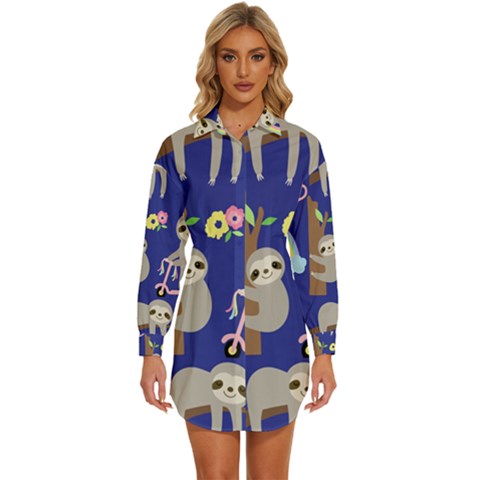 Hand-drawn-cute-sloth-pattern-background Womens Long Sleeve Shirt Dress by Salman4z