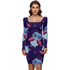 Owl-pattern-background Women Long Sleeve Ruched Stretch Jersey Dress by Salman4z
