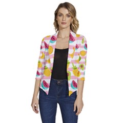 Tropical-fruits-berries-seamless-pattern Women s Draped Front 3/4 Sleeve Shawl Collar Jacket by Salman4z