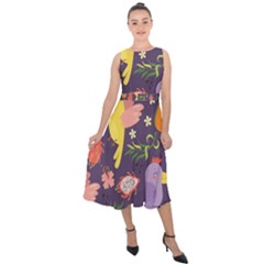 Exotic-seamless-pattern-with-parrots-fruits Midi Tie-back Chiffon Dress