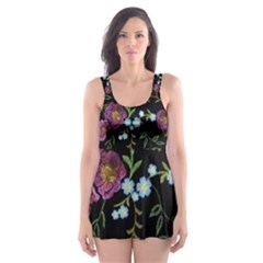 Embroidery-trend-floral-pattern-small-branches-herb-rose Skater Dress Swimsuit by Salman4z
