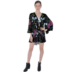 Embroidery-trend-floral-pattern-small-branches-herb-rose V-neck Flare Sleeve Mini Dress by Salman4z