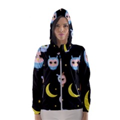 Cute-owl-doodles-with-moon-star-seamless-pattern Women s Hooded Windbreaker by Salman4z