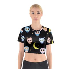 Cute-owl-doodles-with-moon-star-seamless-pattern Cotton Crop Top by Salman4z