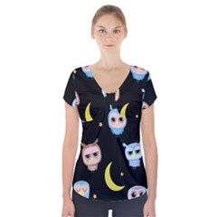 Cute-owl-doodles-with-moon-star-seamless-pattern Short Sleeve Front Detail Top