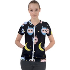 Cute-owl-doodles-with-moon-star-seamless-pattern Short Sleeve Zip Up Jacket by Salman4z