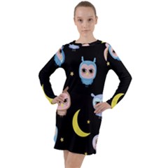 Cute-owl-doodles-with-moon-star-seamless-pattern Long Sleeve Hoodie Dress by Salman4z