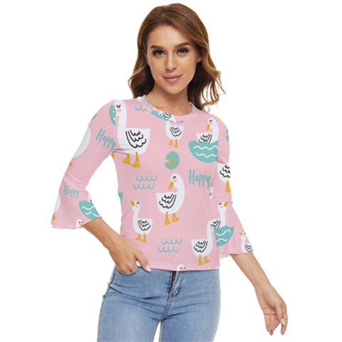 Cute-happy-duck-gift-card-design-seamless-pattern-template Bell Sleeve Top by Salman4z