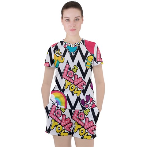 Vector-romantic-love-seamless-pattern Women s Tee And Shorts Set by Salman4z