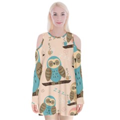 Seamless-pattern-owls-dream-cute-style-pajama-fabric Velvet Long Sleeve Shoulder Cutout Dress by Salman4z