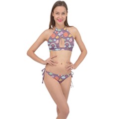 Cute-seamless-pattern-with-doodle-birds-balloons Cross Front Halter Bikini Set