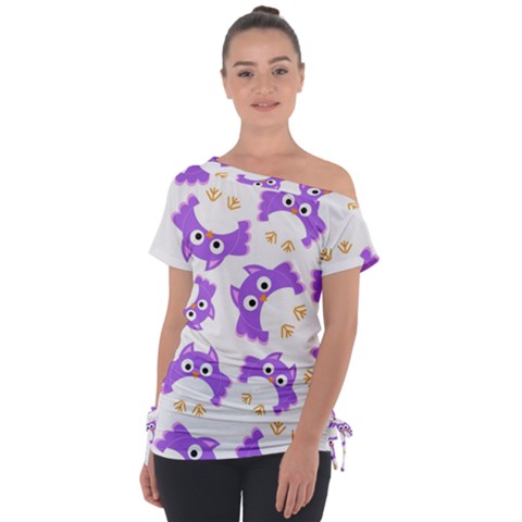 Purple-owl-pattern-background Off Shoulder Tie-up Tee by Salman4z