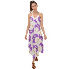 Purple-owl-pattern-background Halter Tie Back Dress  by Salman4z