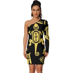 Mexican-culture-golden-tribal-icons Long Sleeve One Shoulder Mini Dress