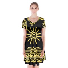 Maya-style-gold-linear-totem-icons Short Sleeve V-neck Flare Dress by Salman4z