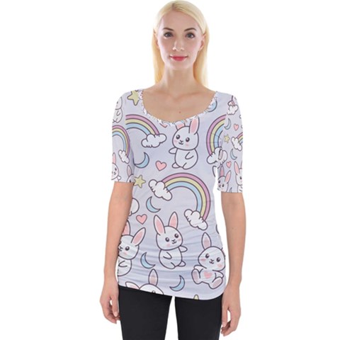 Seamless-pattern-with-cute-rabbit-character Wide Neckline Tee by Salman4z