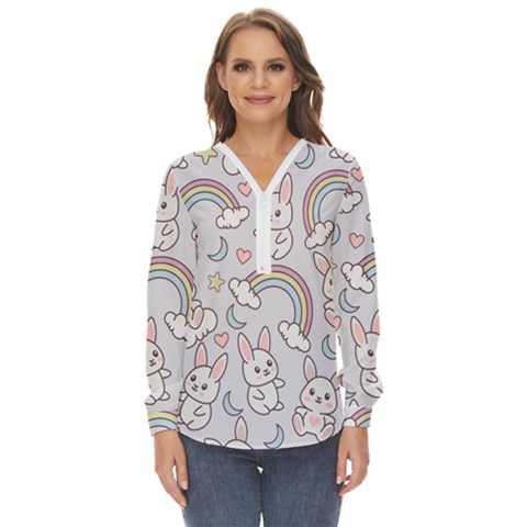 Seamless-pattern-with-cute-rabbit-character Zip Up Long Sleeve Blouse by Salman4z