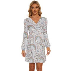 Seamless-pattern-with-cute-rabbit-character Long Sleeve Waist Tie Ruffle Velvet Dress by Salman4z