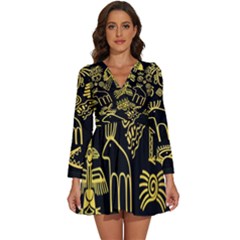 Golden-indian-traditional-signs-symbols Long Sleeve V-neck Chiffon Dress  by Salman4z