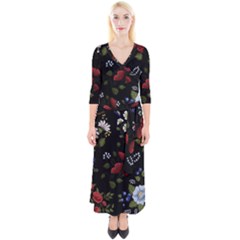 Floral-folk-fashion-ornamental-embroidery-pattern Quarter Sleeve Wrap Maxi Dress by Salman4z