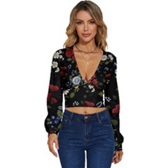 Floral-folk-fashion-ornamental-embroidery-pattern Long Sleeve Deep-v Velour Top by Salman4z