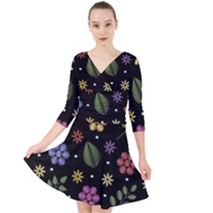 Embroidery-seamless-pattern-with-flowers Quarter Sleeve Front Wrap Dress