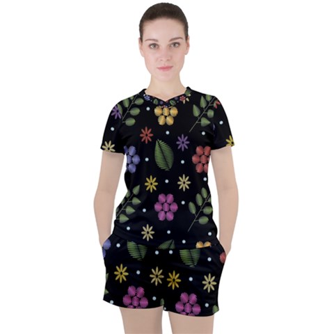 Embroidery-seamless-pattern-with-flowers Women s Tee And Shorts Set by Salman4z