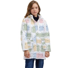 Cute-cat-colorful-cartoon-doodle-seamless-pattern Kids  Hooded Longline Puffer Jacket by Salman4z