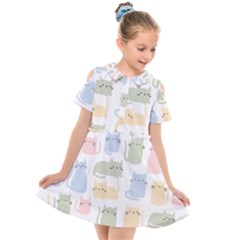 Cute-cat-colorful-cartoon-doodle-seamless-pattern Kids  Short Sleeve Shirt Dress