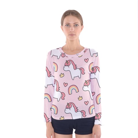 Cute-unicorn-rainbow-seamless-pattern-background Women s Long Sleeve Tee by Salman4z