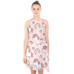 Cute-unicorn-rainbow-seamless-pattern-background Halter Collar Waist Tie Chiffon Dress by Salman4z