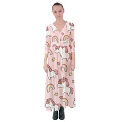 Cute-unicorn-rainbow-seamless-pattern-background Button Up Maxi Dress by Salman4z