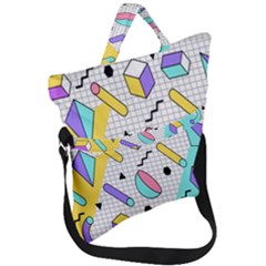 Tridimensional-pastel-shapes-background-memphis-style Fold Over Handle Tote Bag