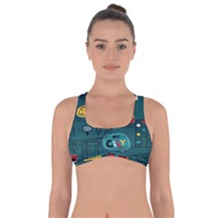 Seamless-pattern-hand-drawn-with-vehicles-buildings-road Got No Strings Sports Bra by Salman4z