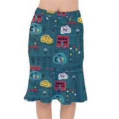 Seamless-pattern-hand-drawn-with-vehicles-buildings-road Short Mermaid Skirt by Salman4z