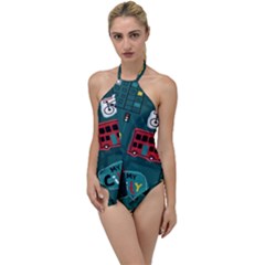 Seamless-pattern-hand-drawn-with-vehicles-buildings-road Go With The Flow One Piece Swimsuit by Salman4z