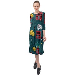 Seamless-pattern-hand-drawn-with-vehicles-buildings-road Ruffle End Midi Chiffon Dress by Salman4z